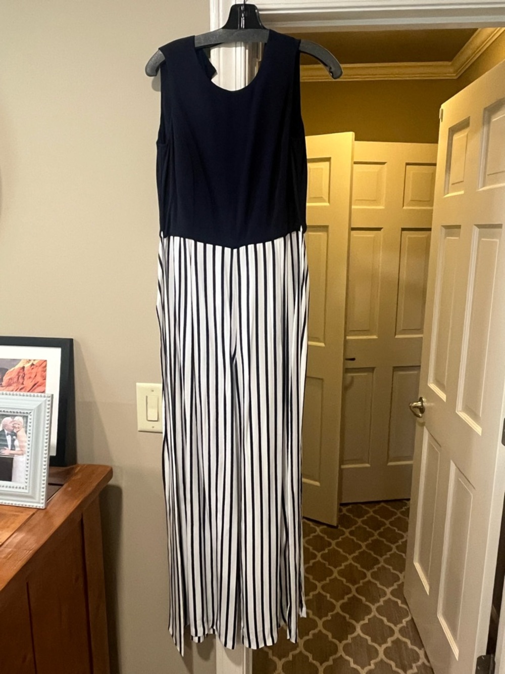 Navy and White Sleeveless Striped Wide-Leg Jumpsuit, J McLaughlin Size S